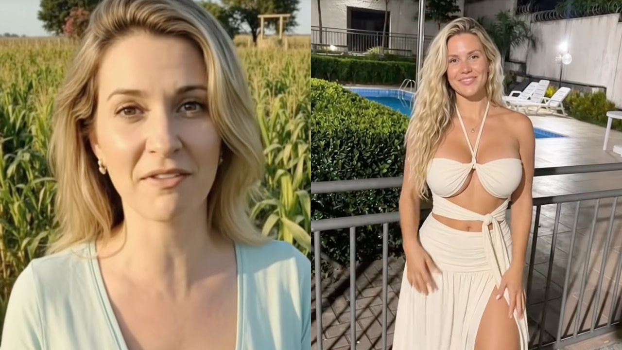 A woman in a light blue top stands in a field, and the same woman in a white two-piece outfit poses by a poolside railing at night.