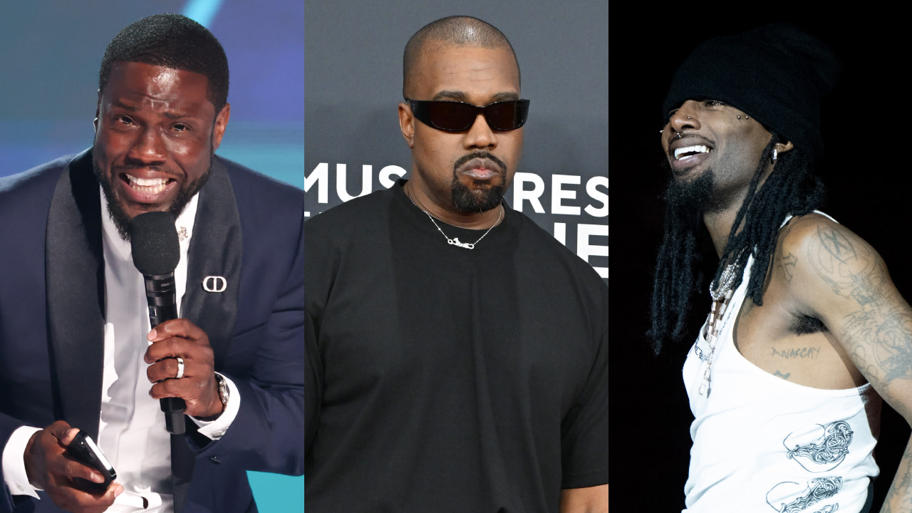 Left: Kevin Hart speaking on stage. Center: Kanye West in sunglasses. Right: Playboi Carti performing in a beanie.