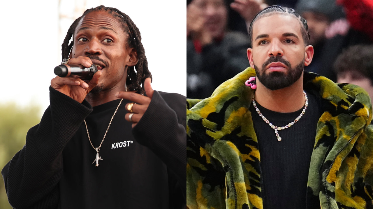 (L) SiR performing with a microphone. (R) Drake in a camouflage jacket at an event.
```