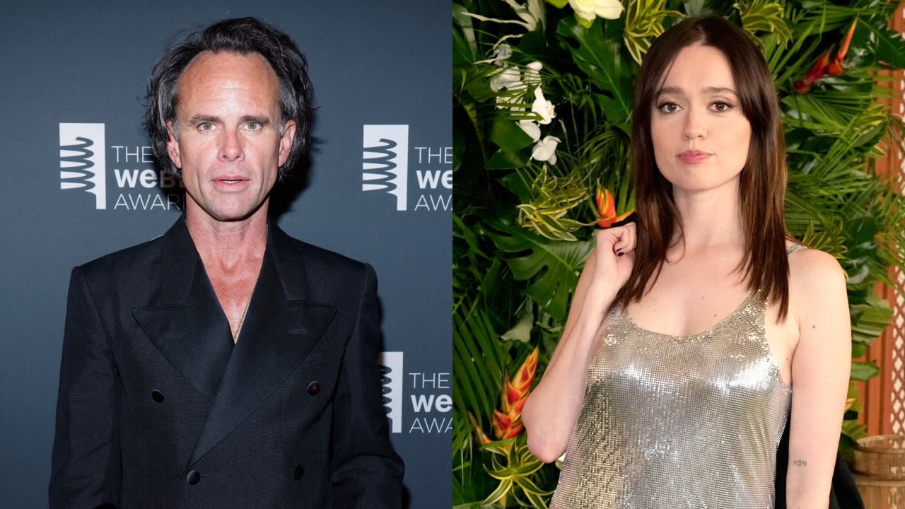 (L) Walton Goggins in a dark suit at an event. (R) Aimee Lou Wood in a shiny dress with a leafy background.