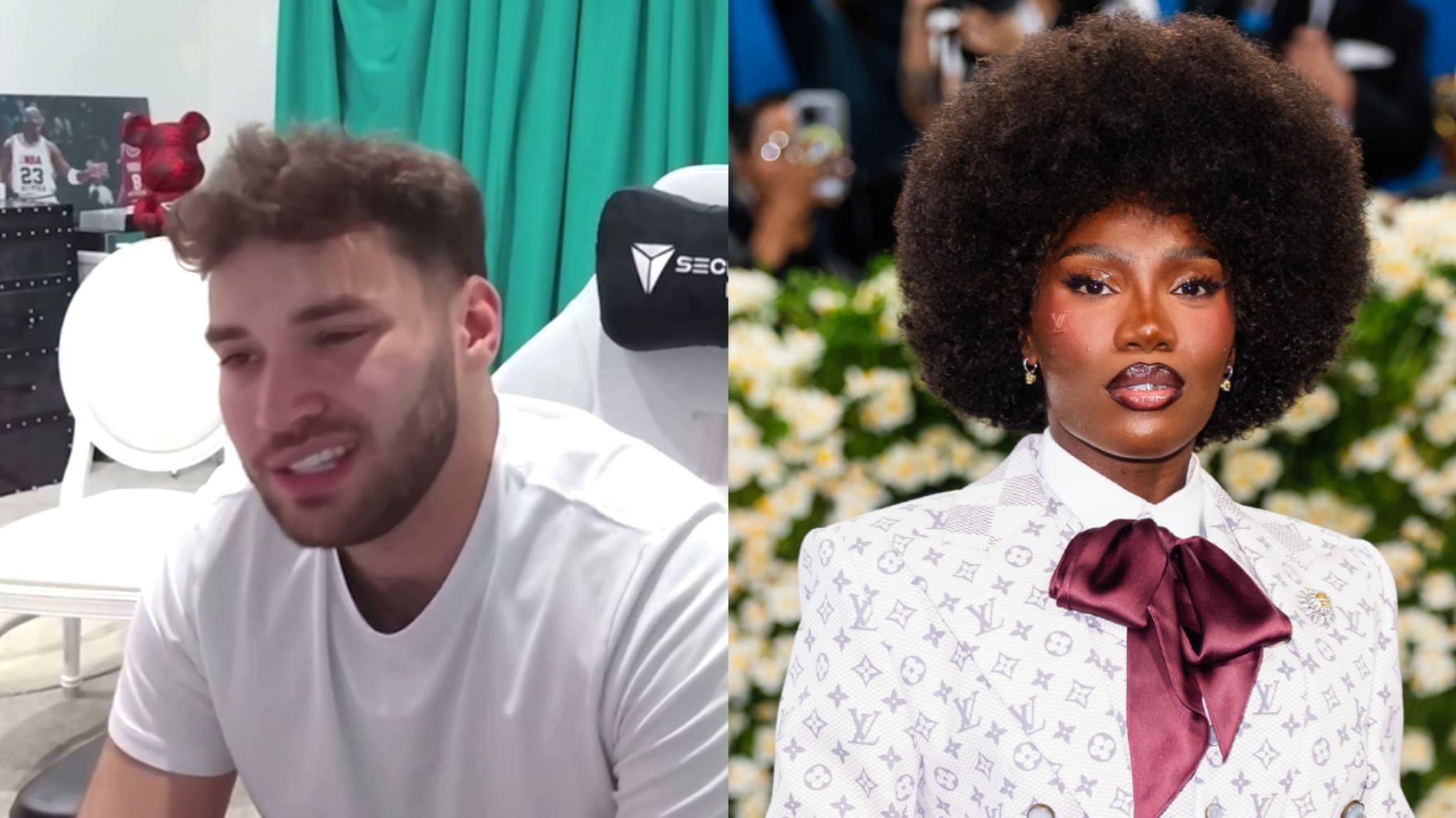 Split image. Left: Adin Ross in a white shirt sits indoors. Right: Doechii with an afro hairstyle wears a patterned suit and burgundy bowtie at the 2025 Met Gala.
