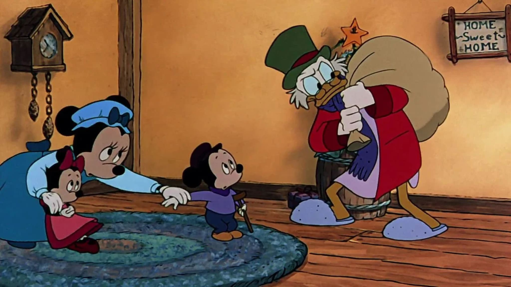 Animated scene with Mickey Mouse, Minnie Mouse, and Scrooge McDuck in a room. Scrooge holds a sack, and Minnie comforts a child.