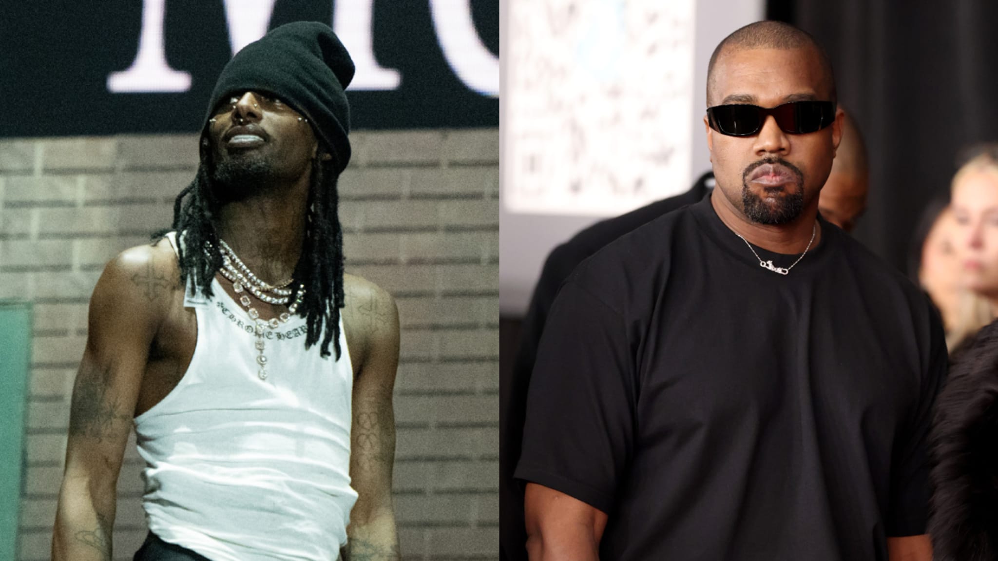 Playboi Carti in a white tank top and beanie, and Kanye West in a black shirt and sunglasses.