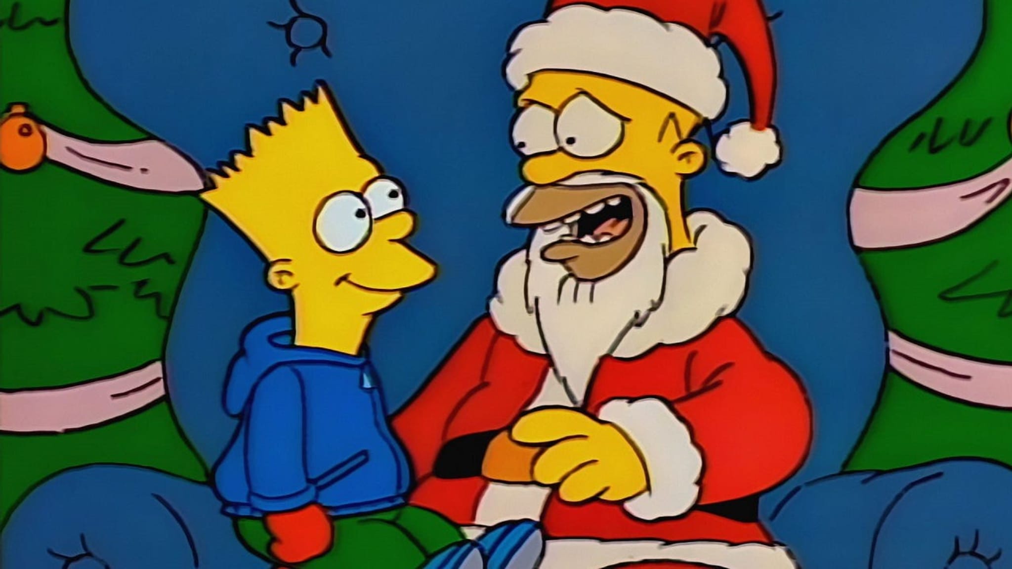 Bart Simpson sits on Homer Simpson's lap, who is dressed as Santa, in a festive setting from 'The Simpsons.'