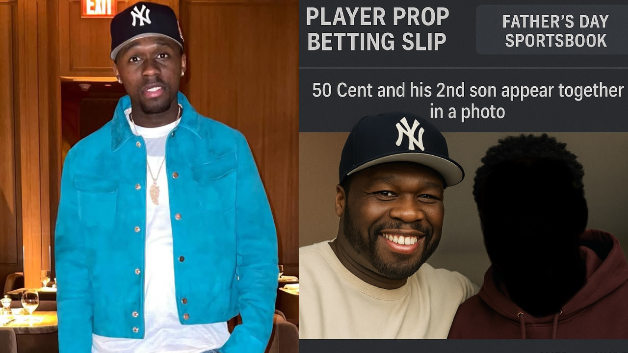 50 Cent's son Marquise Jackson in a turquoise jacket and cap on the left. On the right, 50 Cent smiles next to a silhouette labeled as his second son.
