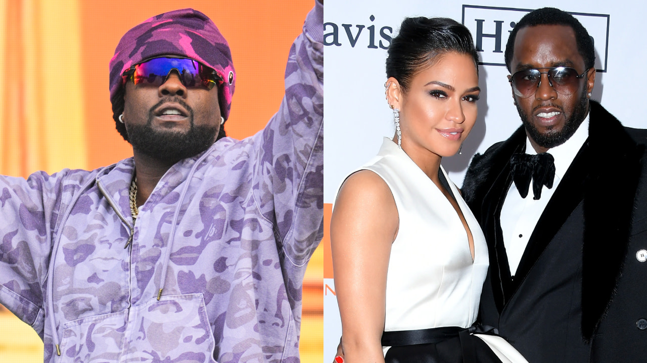 Splt image. Left: Wale in a purple outfit and sunglasses. Right: Cassie in a white dress with Diddy in a tuxedo at an event.