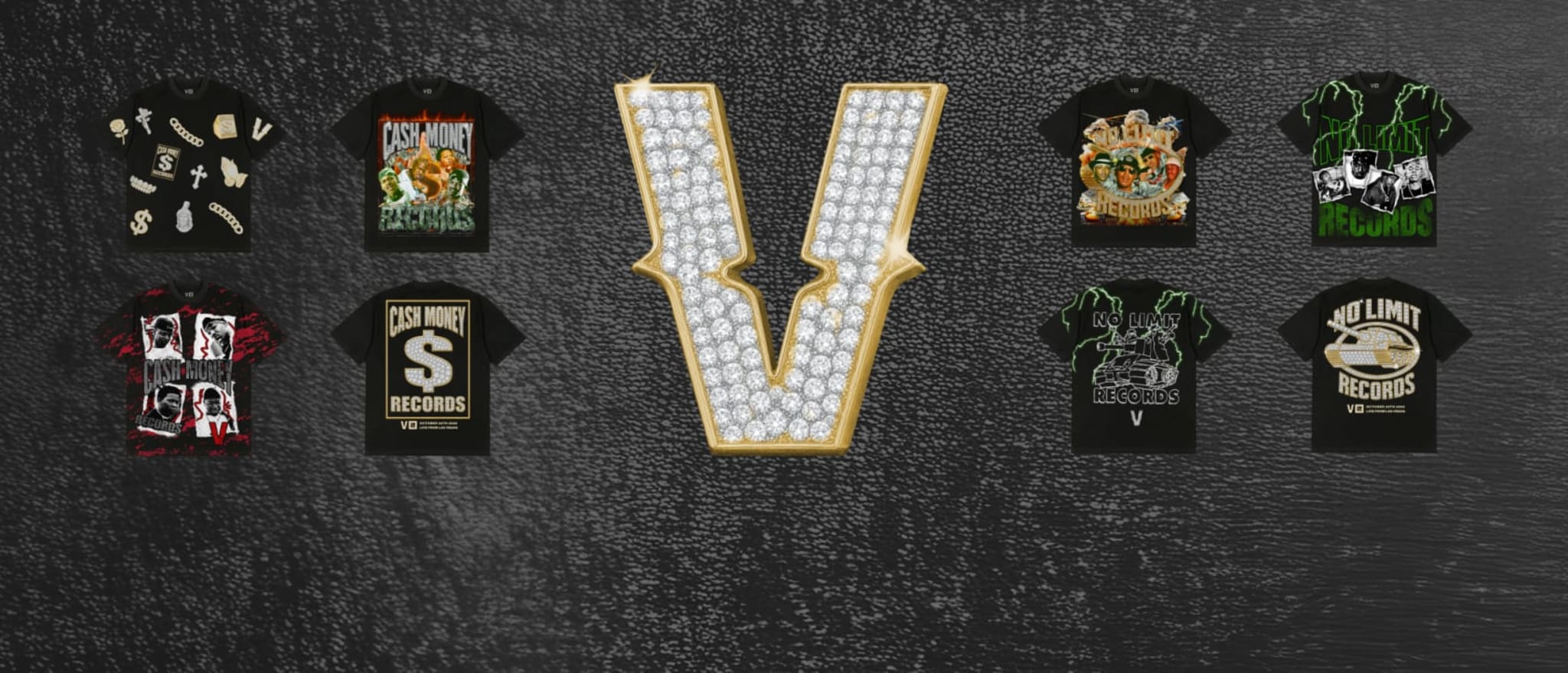 A large, diamond-studded letter "Verzuz" logo is centered, surrounded by various "Cash Money" and "No Limit" t-shirts