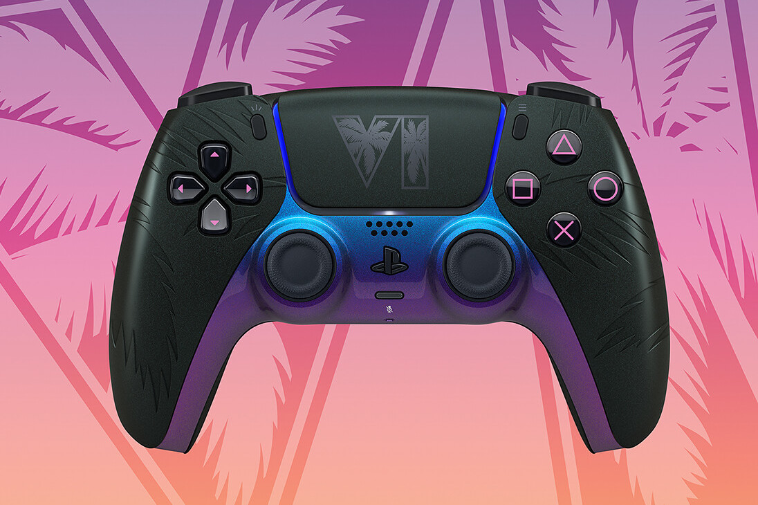 A "Grand Theft Auto VI" themed PlayStation controller against a sunset background with palm trees.