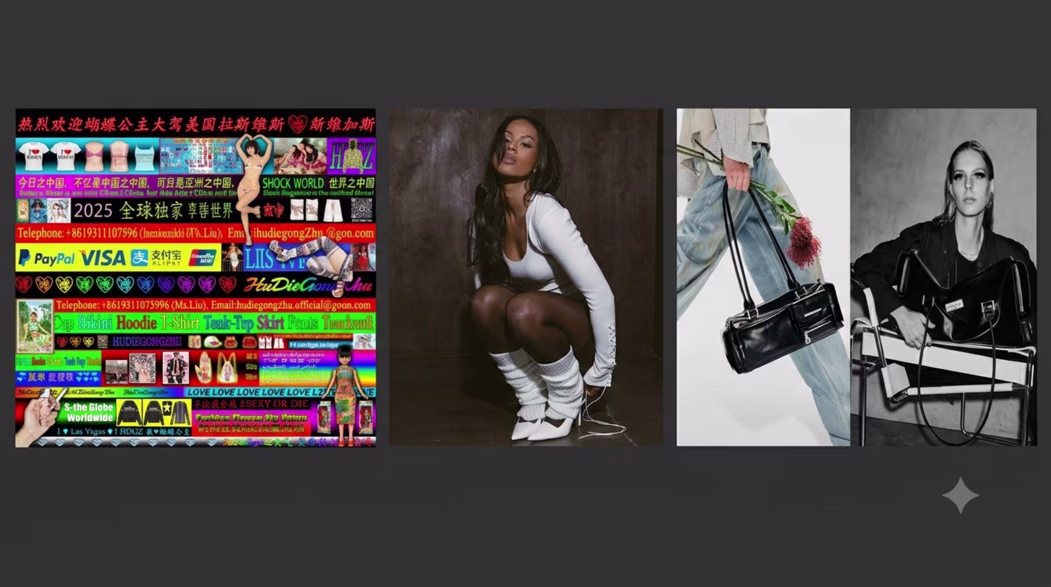 A collage with colorful text, a woman in white boots posing, and two fashion images featuring handbags.