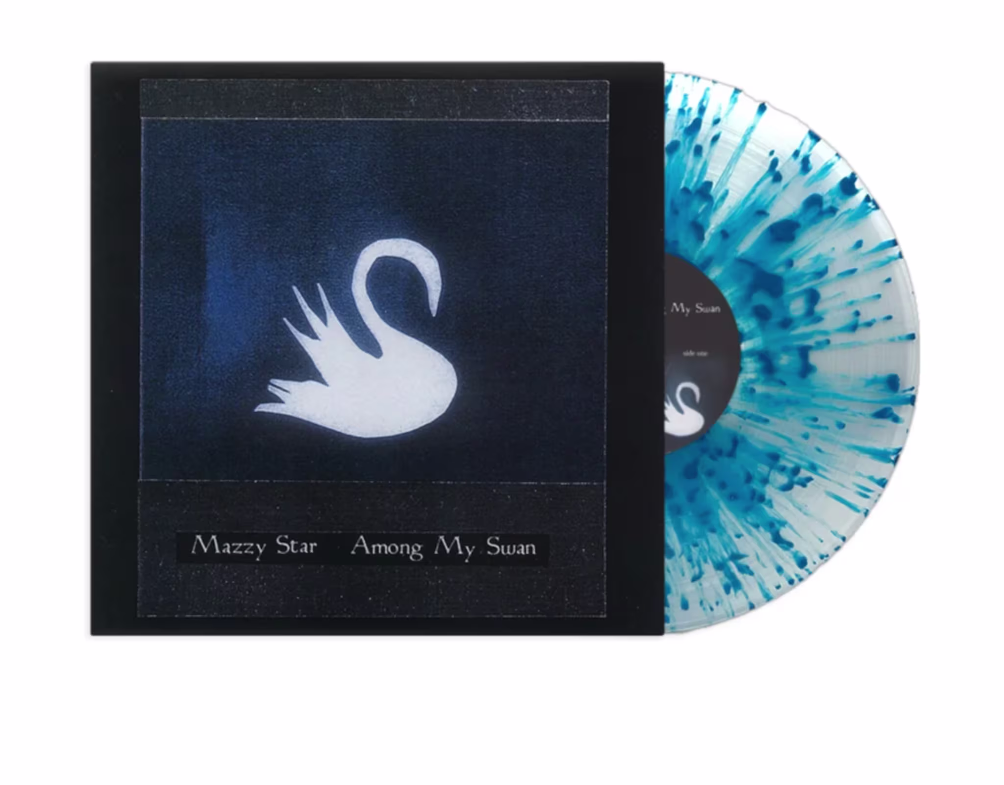 Album cover of "Among My Swan" by Mazzy Star, featuring a white swan on a dark background, with a blue splattered vinyl record.