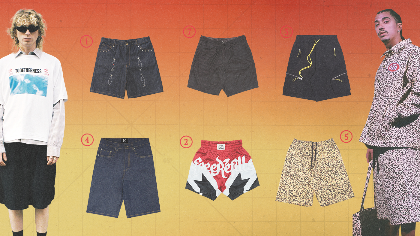A fashion collage featuring various styles of shorts. Two models, one wearing a graphic tee and black shorts, the other in a leopard print outfit.