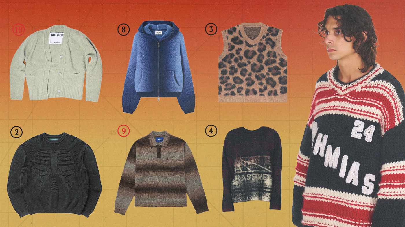 A collage of various sweaters and cardigans, including a model wearing a red and white striped sweater with the number 24.