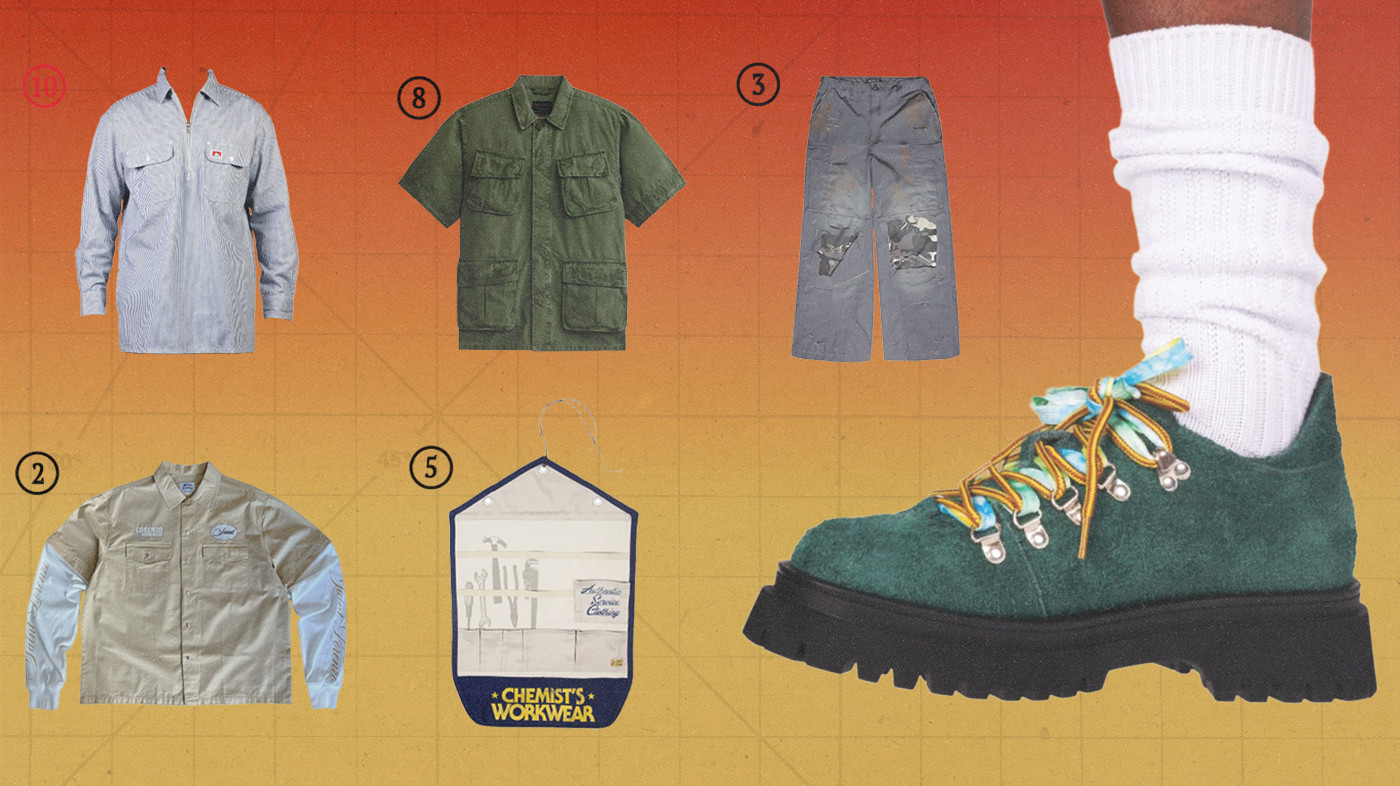 A collage featuring various workwear items: a striped shirt, a khaki jacket, green short-sleeve shirt, distressed gray pants, a shoe with colorful laces, and a workwear package.
