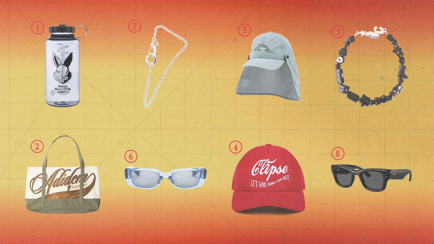 A collage of items including a water bottle, tote bag, cap, necklace, sunglasses, and chain, on an orange gradient background.