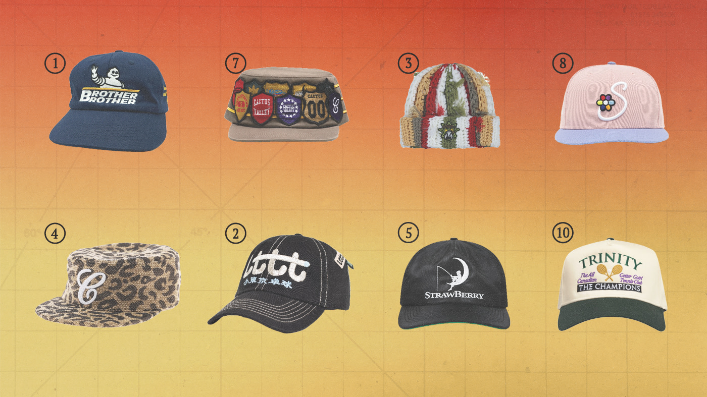 A variety of ten hats with different designs and logos, displayed on a gradient background from orange to yellow.