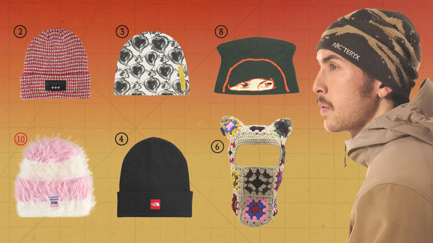 A collage of various beanies and hats, including patterned, plain, and crocheted styles. A man wears a camo Arc'teryx beanie.