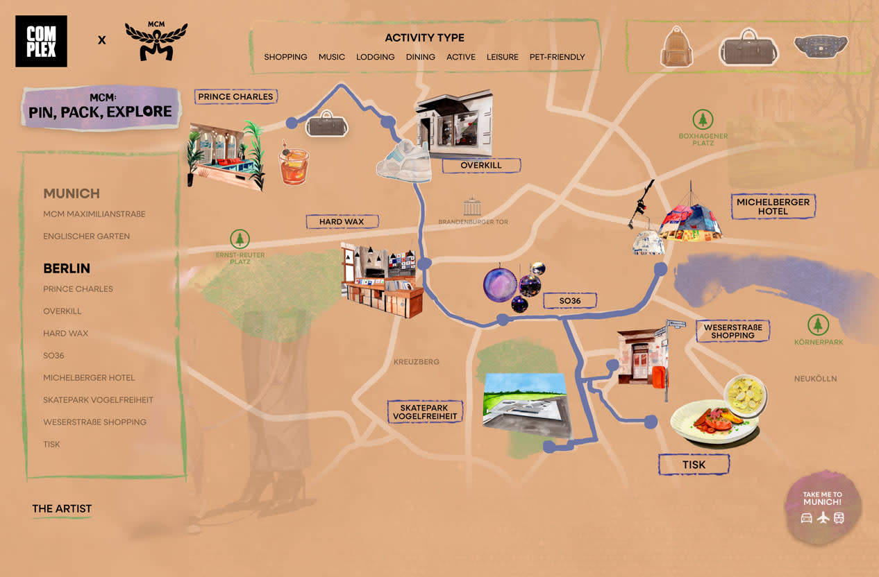 A stylized map highlighting locations in Berlin and Munich, including Prince Charles, Overkill, Hard Wax, SO36, Michelberger Hotel, and Tisk.