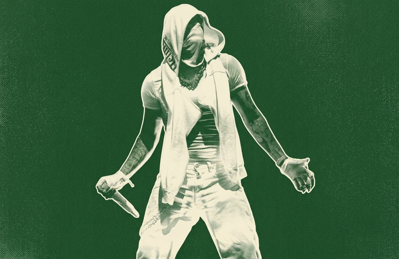 Yeat wearing a hooded vest and holding a microphone, set against a green background.