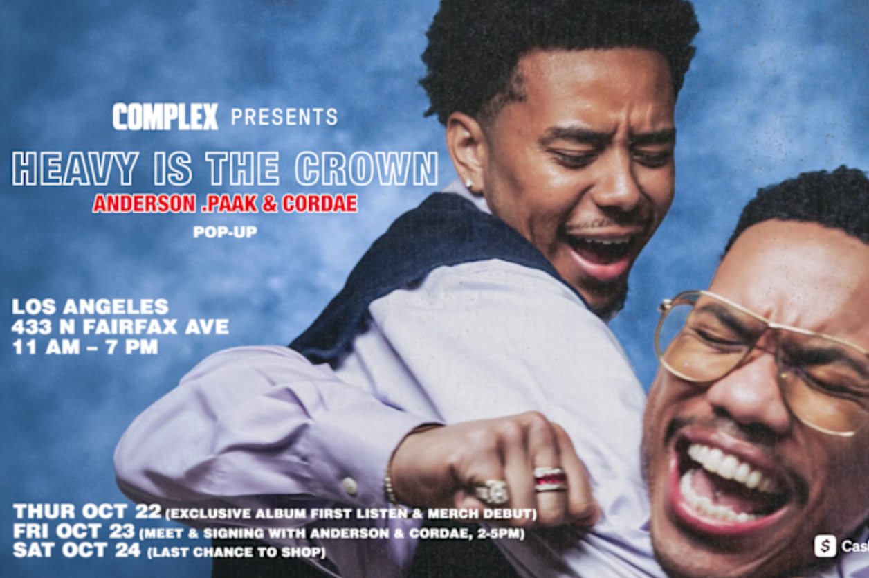 Poster for "Heavy Is The Crown" pop-up by Anderson .Paak and Cordae in Los Angeles, featuring their photos and event details.