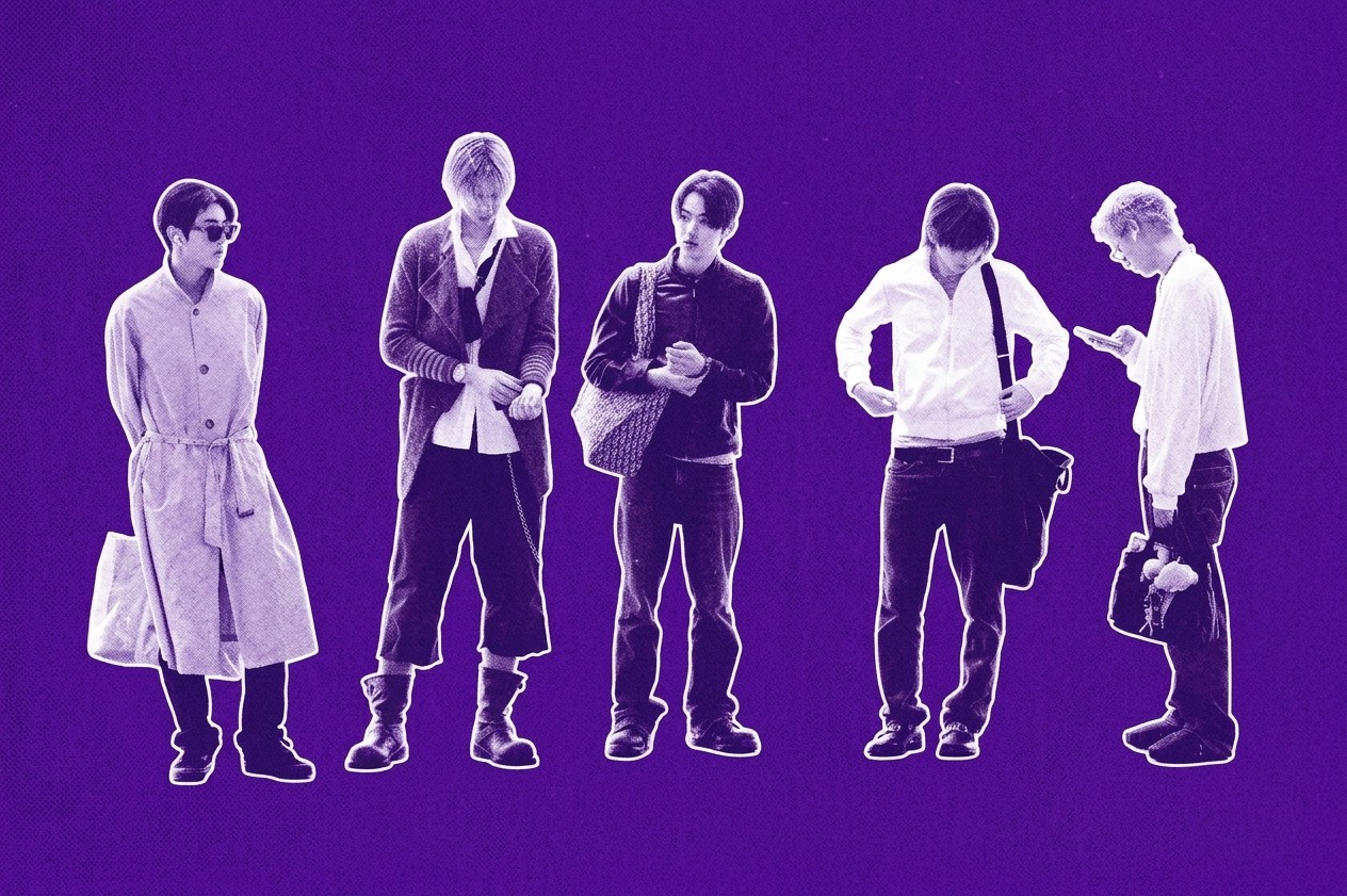 CORTIS against a purple background, each dressed in stylish, varied outfits. They appear to be looking down or at their phones.