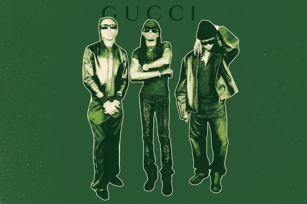 Destroy Lonely, Playboi Carti, and Ken Carson  in dark clothing and sunglasses pose against a green background with "GUCCI" text above.