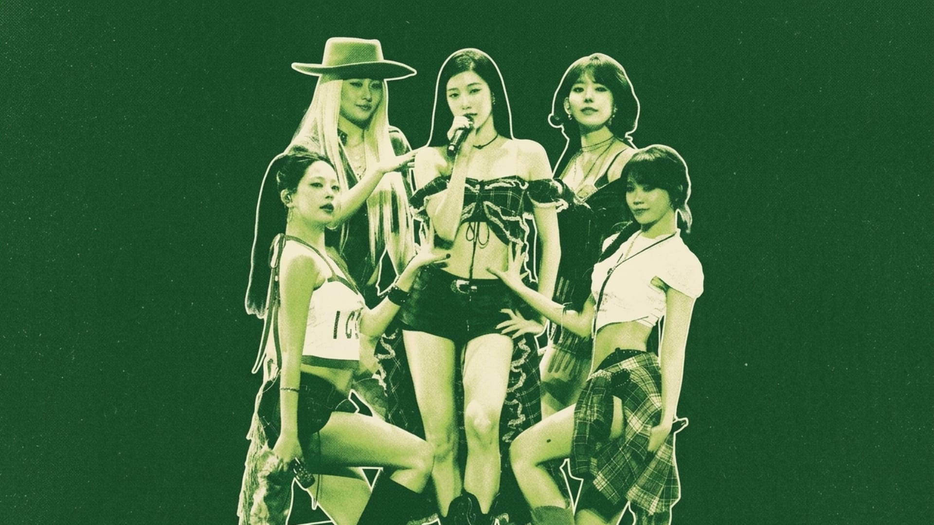 A group of five women in LE SSERAFIM with stylish outfits, one singing into a microphone, with a green monochrome effect.