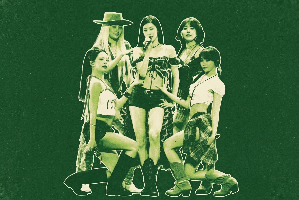 A group of five women in LE SSERAFIM with stylish outfits, one singing into a microphone, with a green monochrome effect.