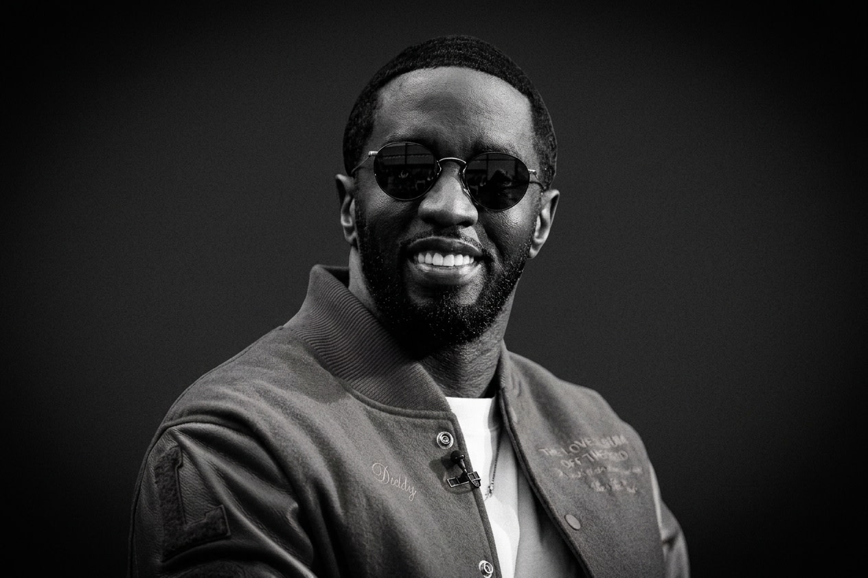 A man with sunglasses and a beard, smiling, wearing a jacket. The image is in black and white.
