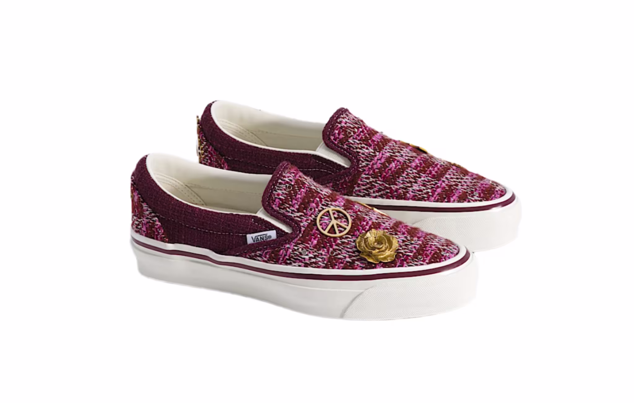 Maroon and pink tweed slip-on shoes with white soles, featuring decorative pins on the top.