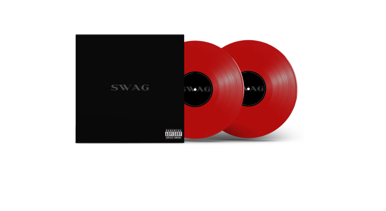 Black album cover with "SWAG" text and parental advisory label, alongside two red vinyl records.