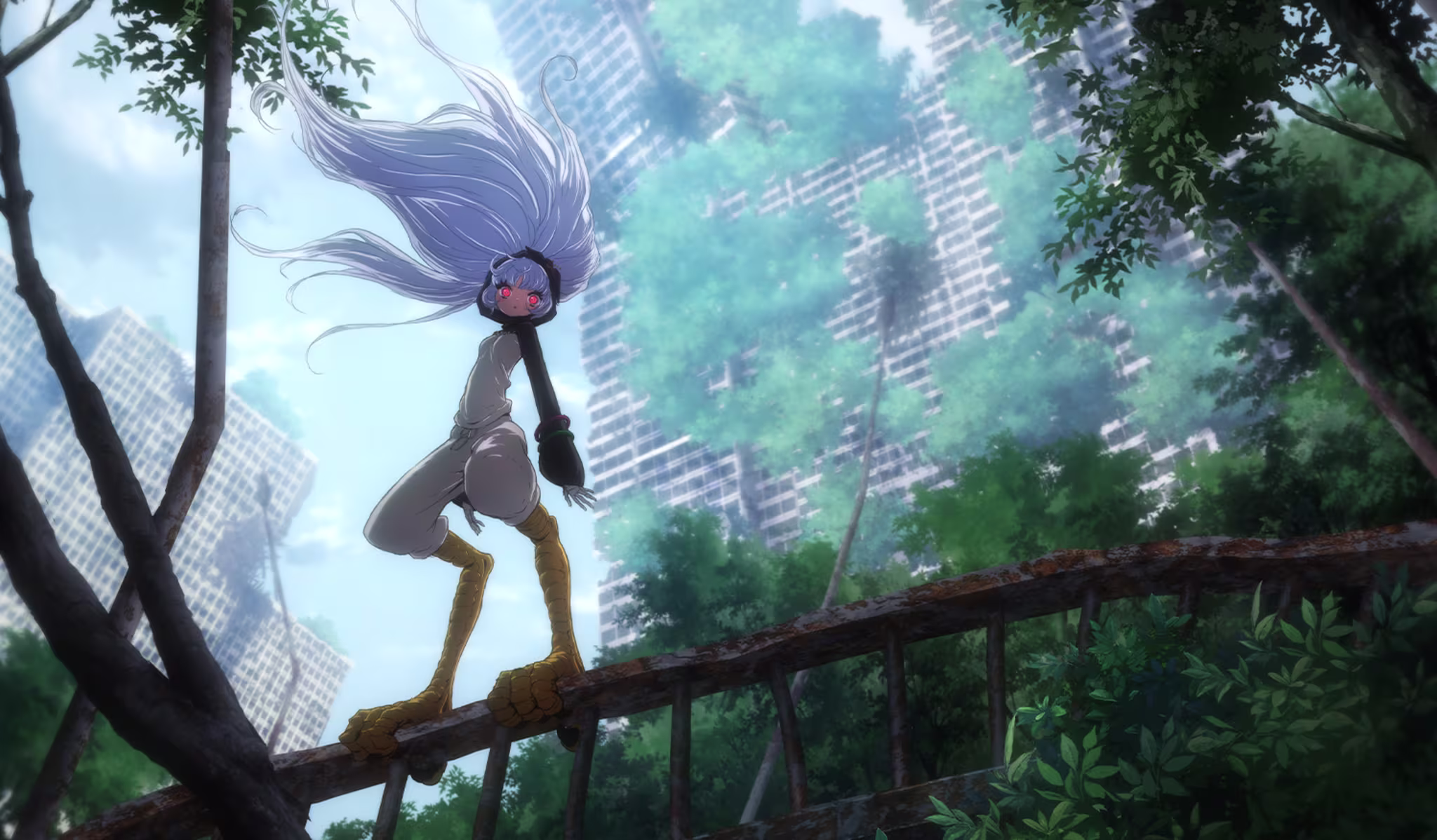 A character with long silver hair and goggles stands on a rusty bridge amidst overgrown trees and abandoned skyscrapers.