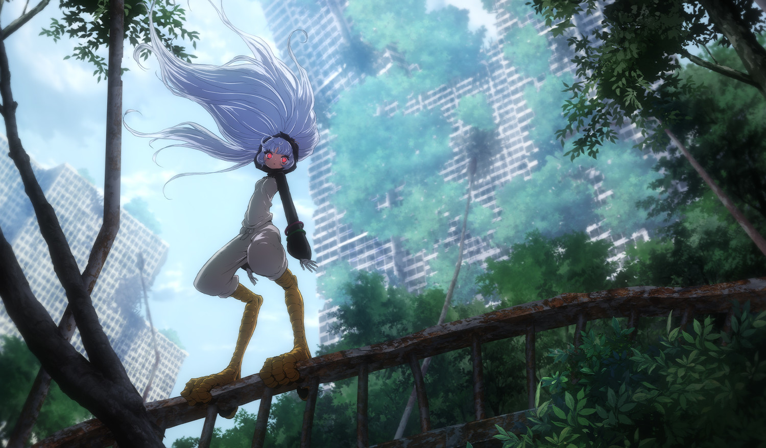 A character with long silver hair and goggles stands on a rusty bridge amidst overgrown trees and abandoned skyscrapers.