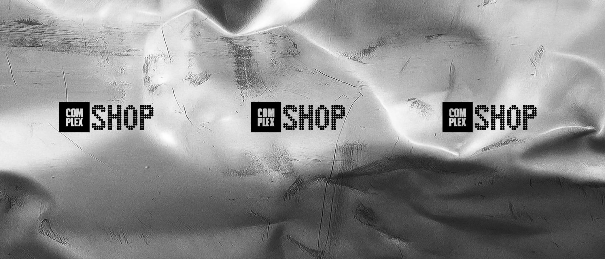 A textured silver background with three "Complex Shop" logos in black and white, evenly spaced across the image.