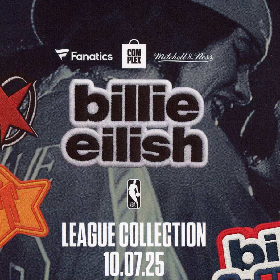 Promotional image for Billie Eilish's "League Collection" with NBA logos, featuring her in a beanie and layered graphics.