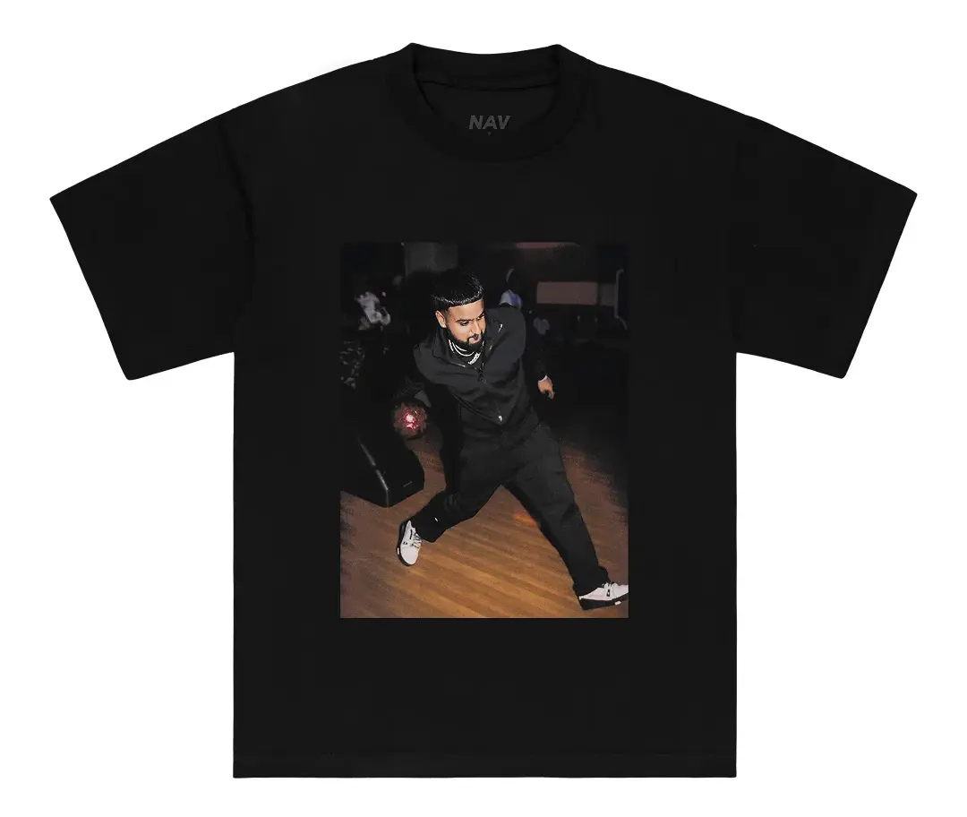 Black T-shirt featuring a photo of a man bowling, wearing dark clothing and white shoes.