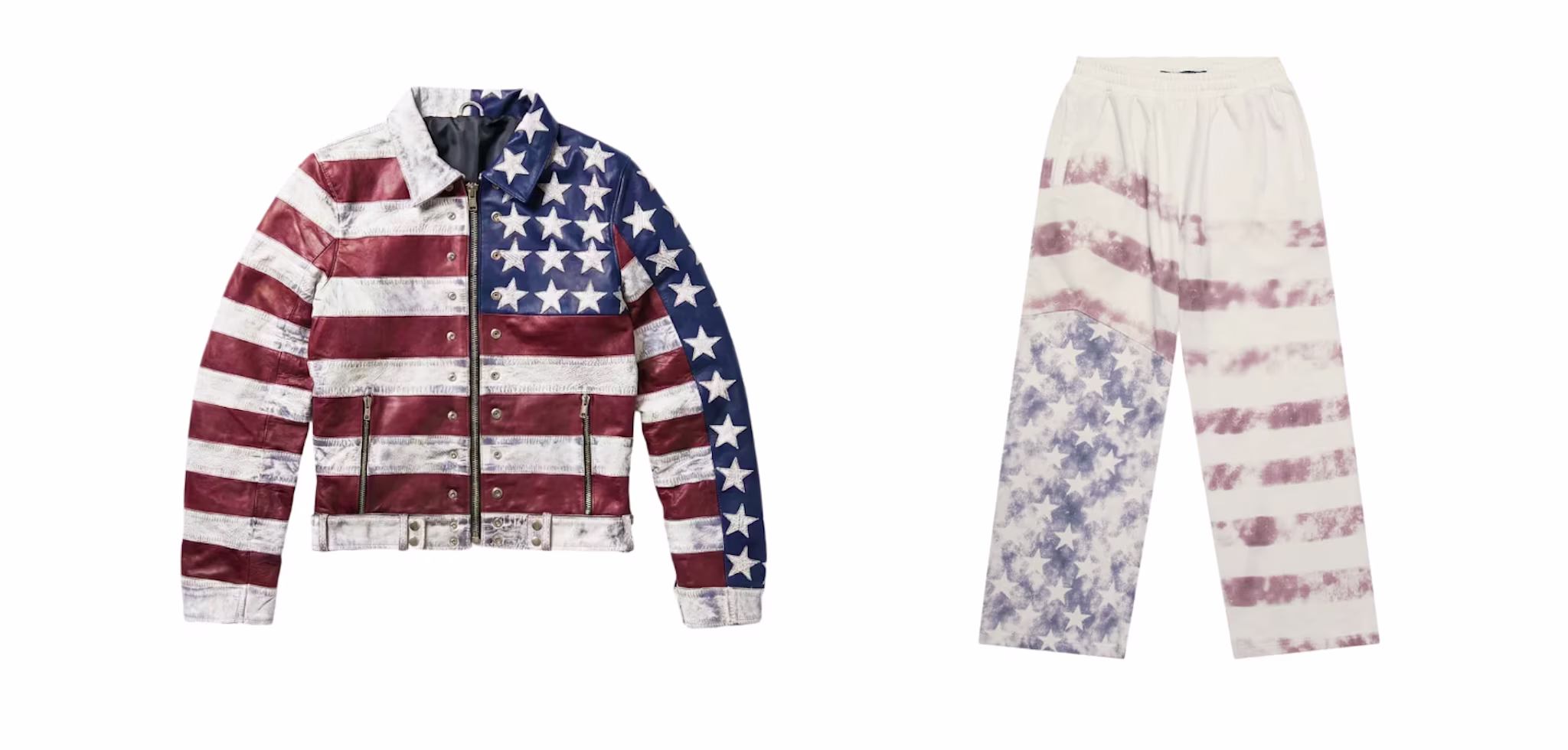 A jacket and pants with an American flag design, featuring stars and stripes in red, white, and blue.