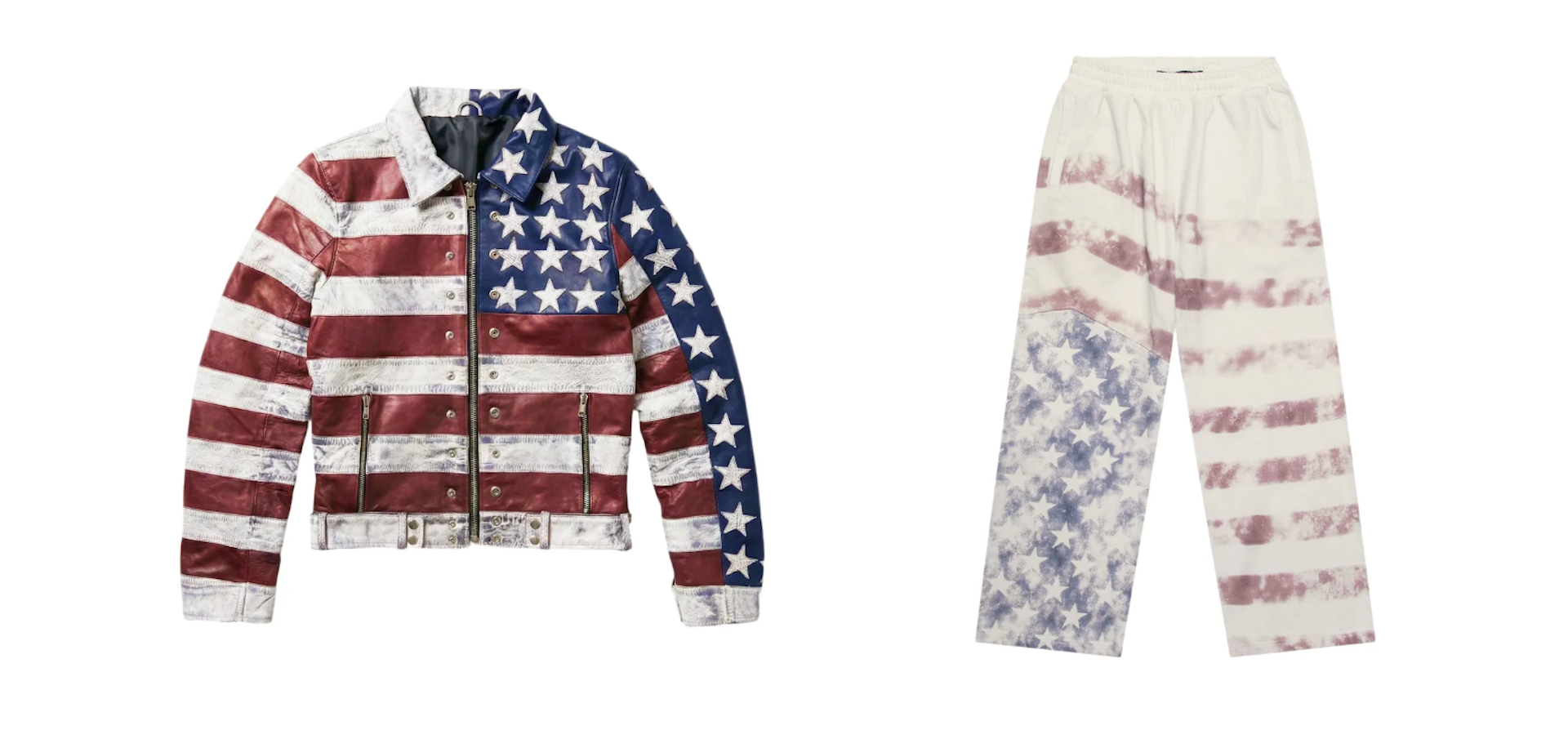 A jacket and pants with an American flag design, featuring stars and stripes in red, white, and blue.