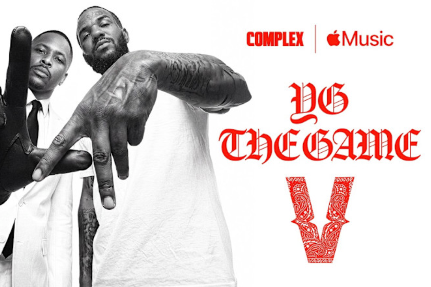 Two images side by side: Left shows YG in a black coat and cap, right shows The Game in a green jacket with a hood.