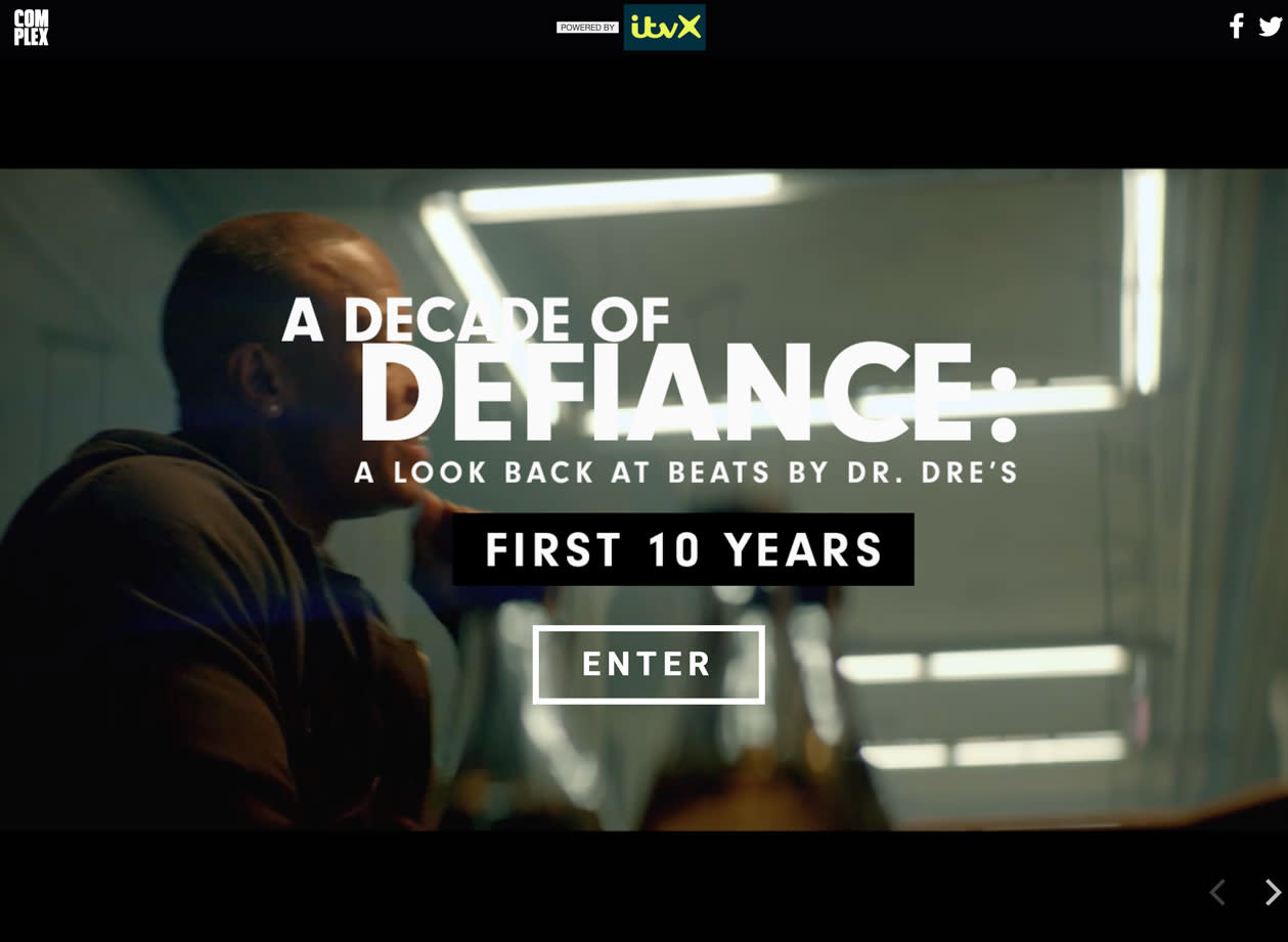 A promotional image featuring the text "A Decade of Defiance: A Look Back at Beats by Dr. Dre's First 10 Years" with an "Enter" button.