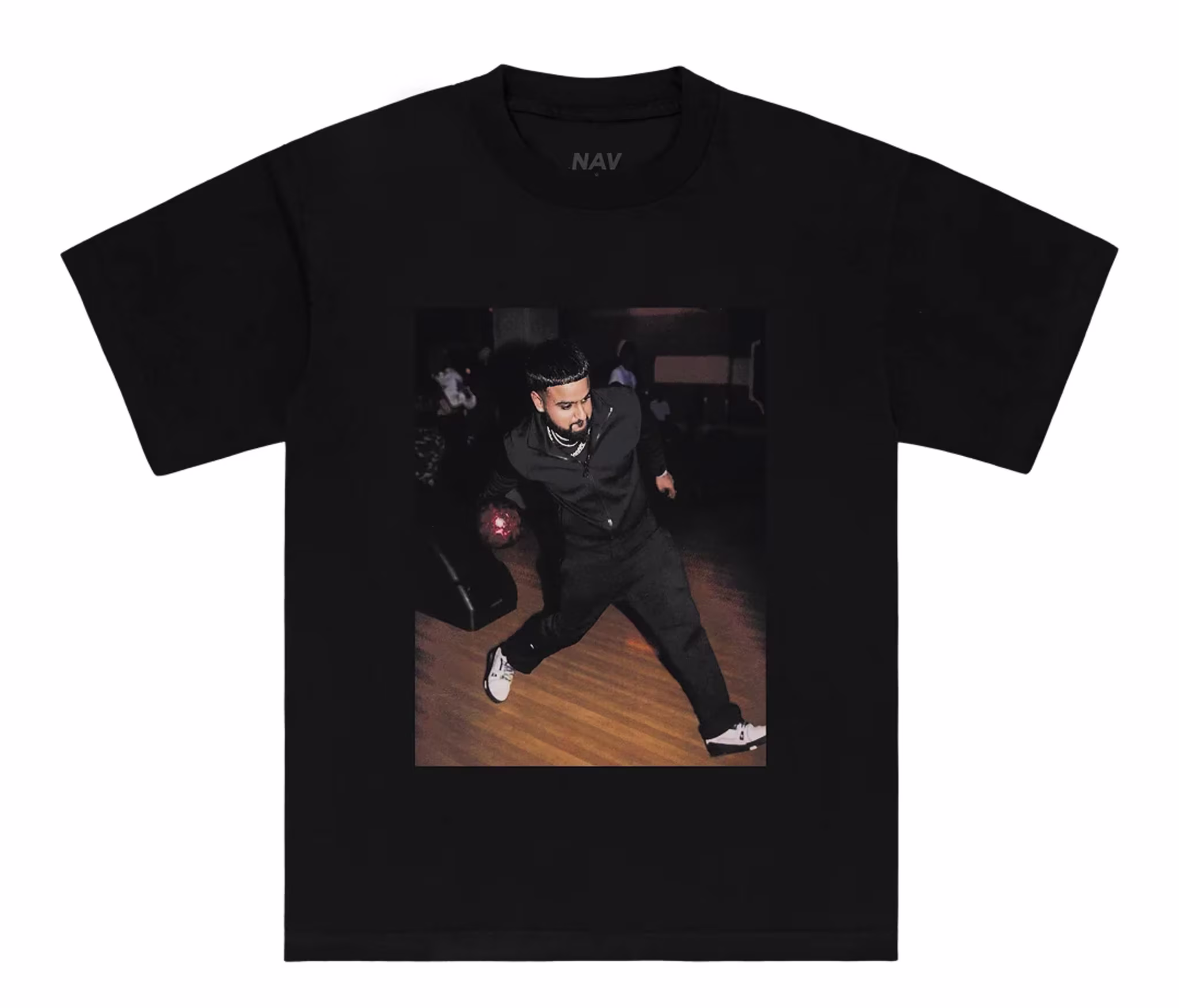 A black T-shirt featuring a photo of a man bowling, wearing dark clothing and white shoes. The name "NAV" is on the collar.