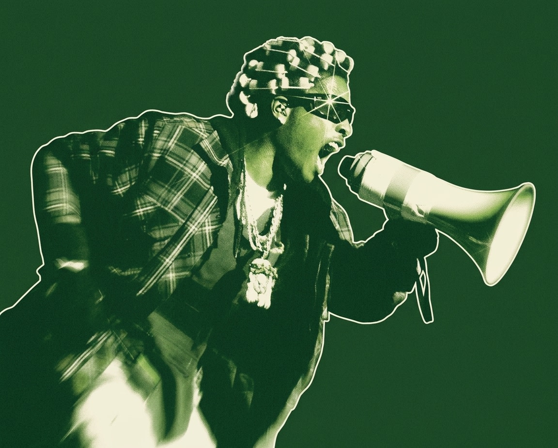 A person wearing sunglasses and a plaid jacket shouts into a megaphone, set against a green background.