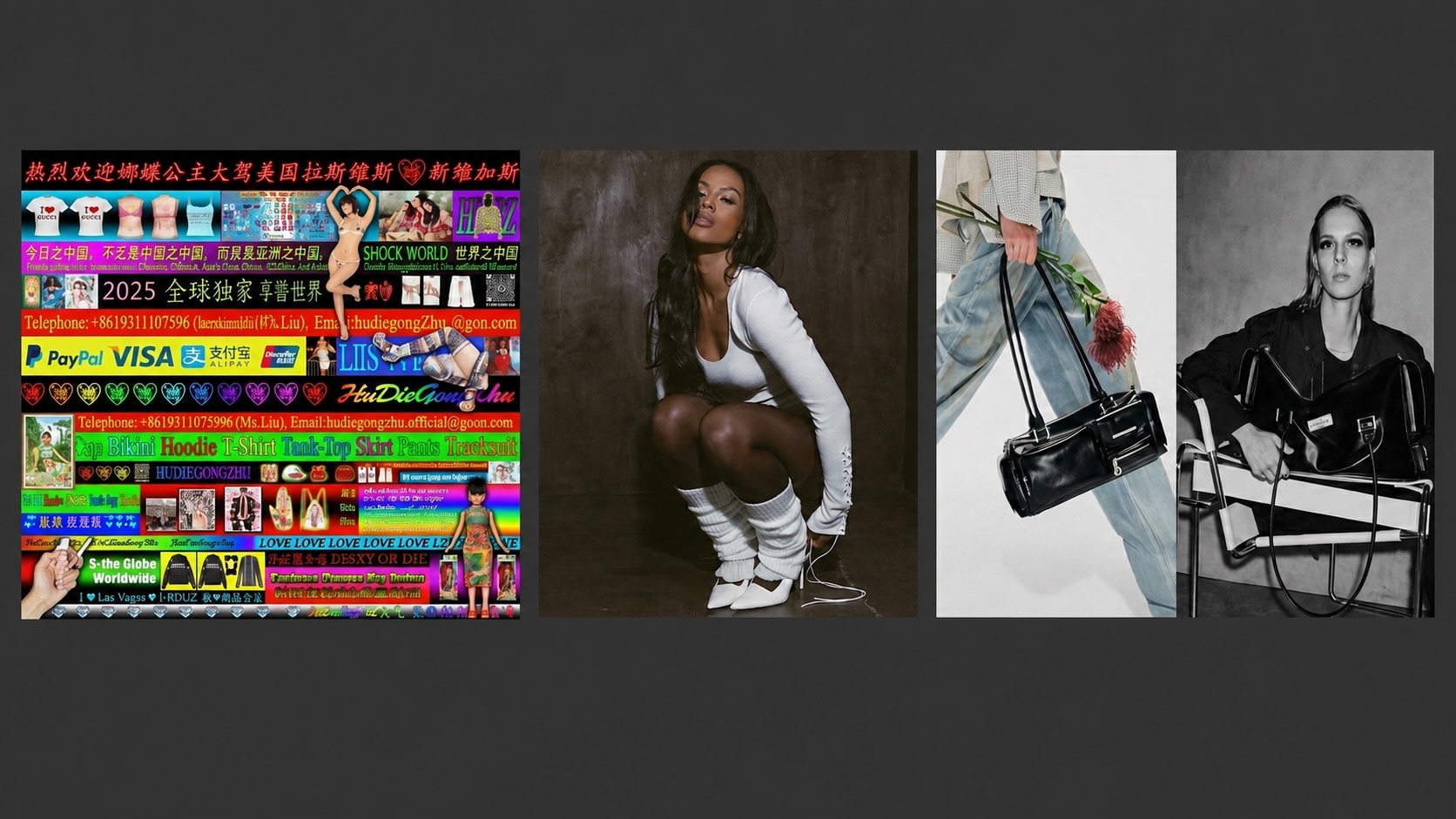 A collage with colorful Chinese advertisements, a woman in white posing, a hand holding a black handbag with flowers, and a grayscale image of a person with a bag.