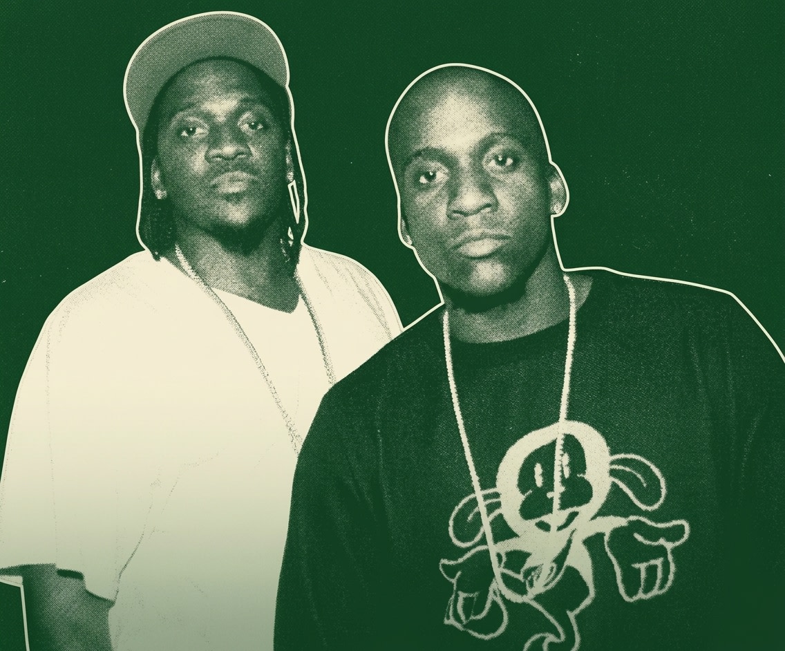 Clipse in a stylized, green-tinted photo. Both wear casual clothing and chains, with a graphic design on one shirt. They released on of the best albums of 2006