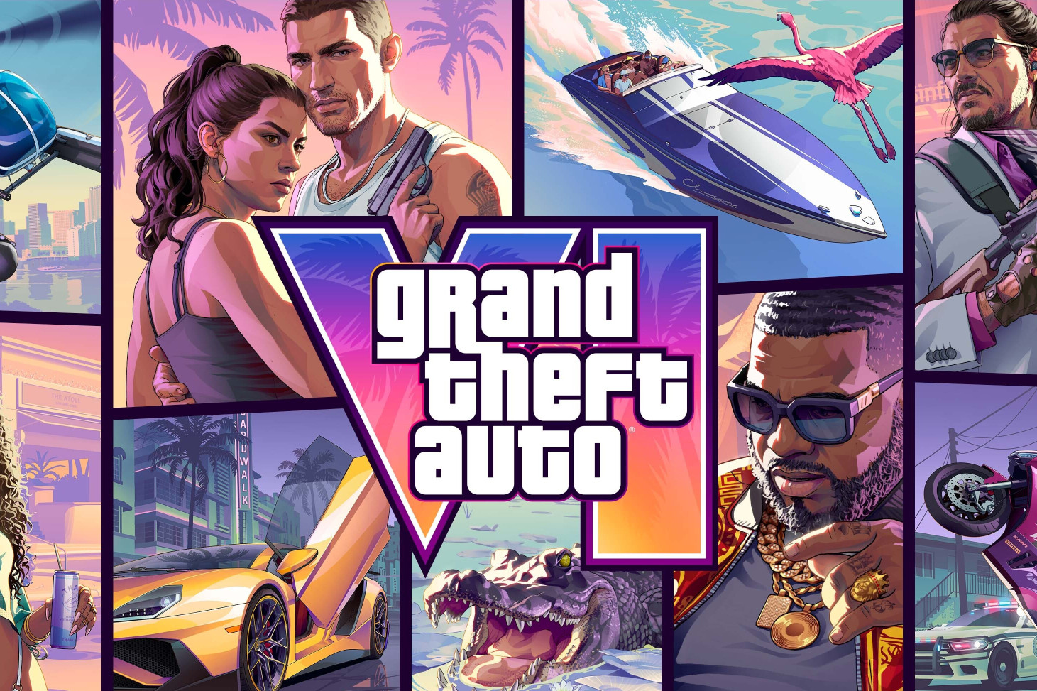 Collage of vibrant "Grand Theft Auto VI" scenes featuring characters, a helicopter, sports car, boat, crocodile, and motorcycle.