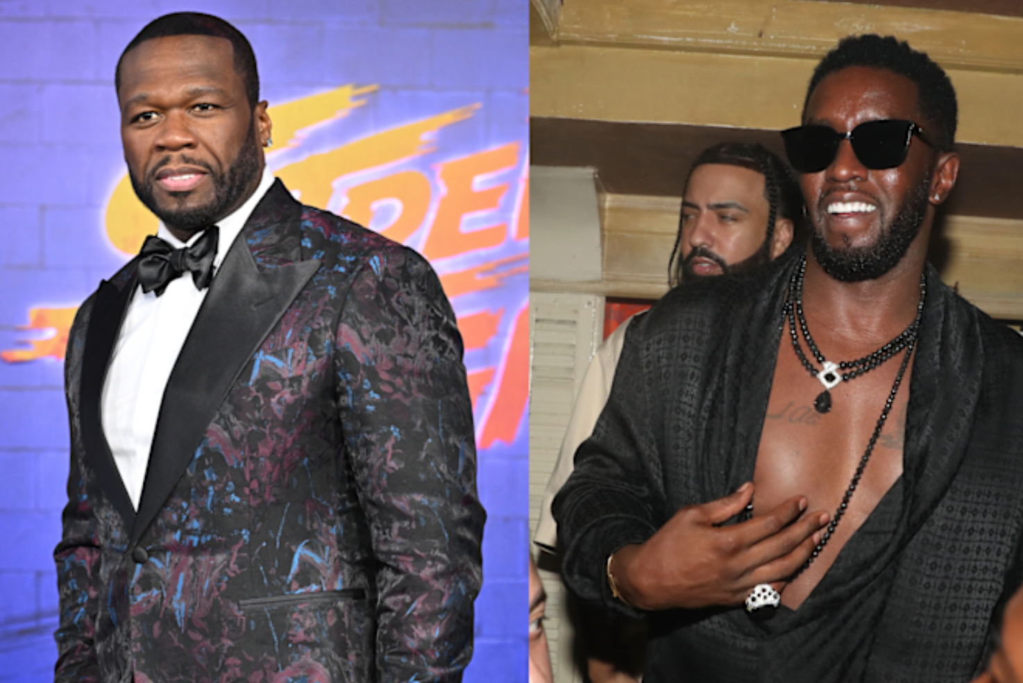 50 Cent in a floral suit at an event; Diddy wearing sunglasses and an open shirt at a party.