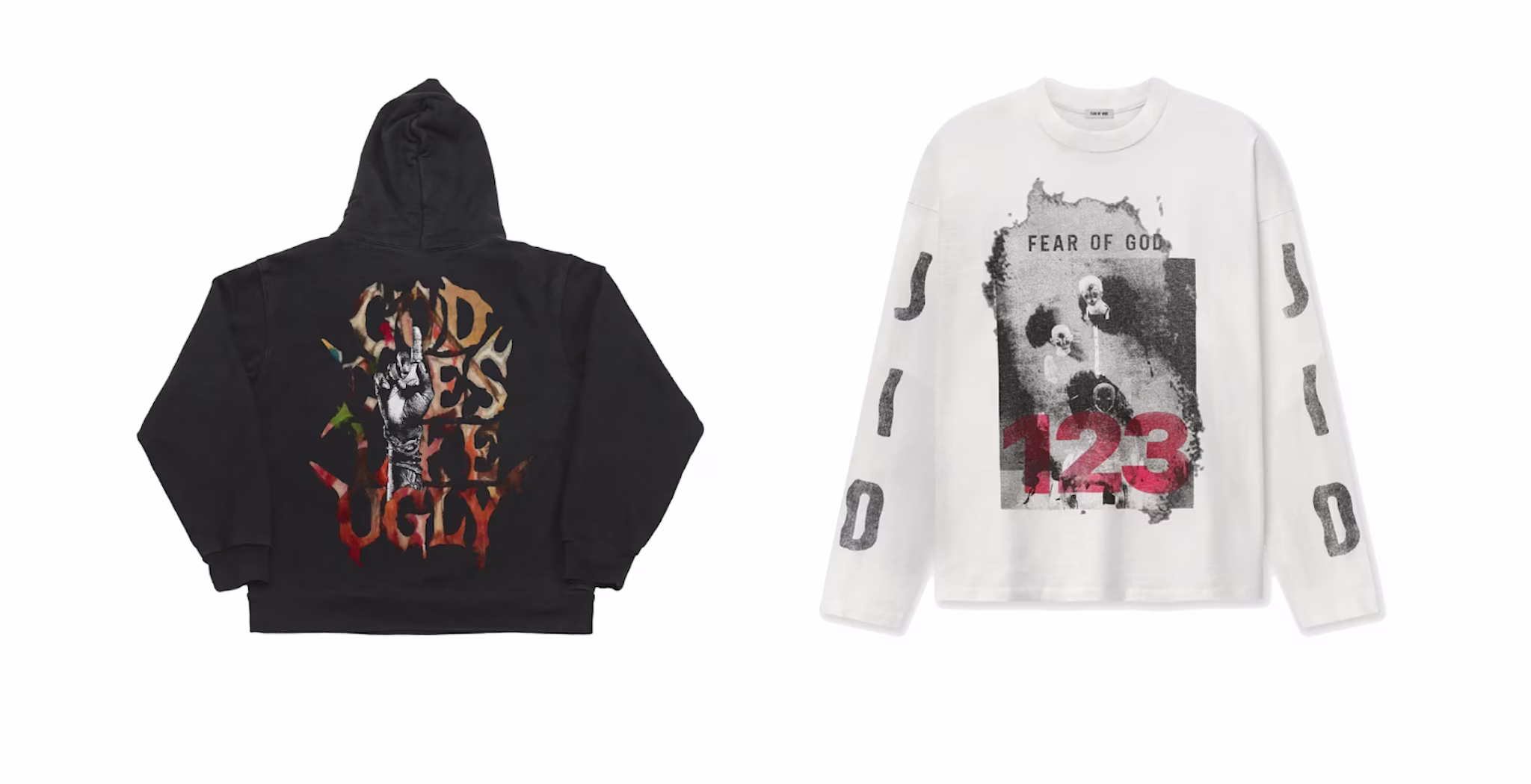 Two shirts: a black hoodie with "God Bless the Ugly" text and a white long-sleeve with "Fear of God" and "123" graphics.