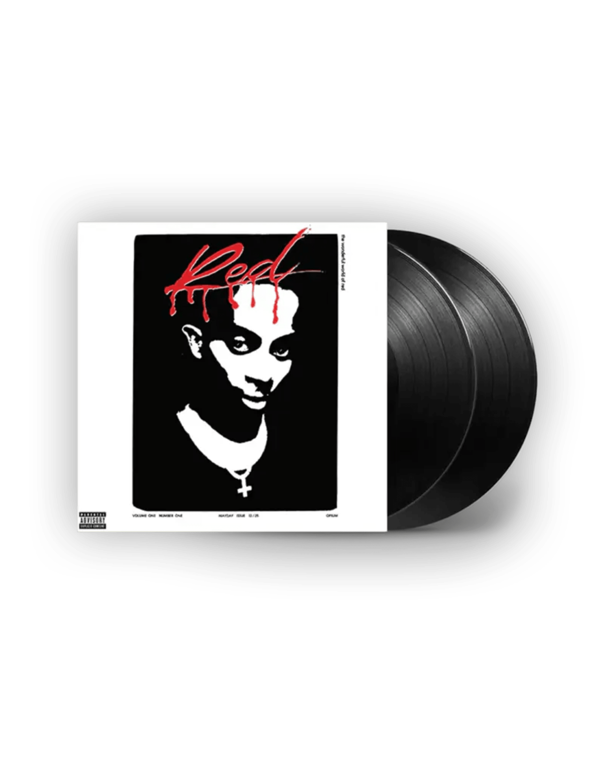 Playboi Carti album cover with a stylized black and white image of a person wearing a cross necklace, with "Red" in red text above. Two vinyl records are partially visible.