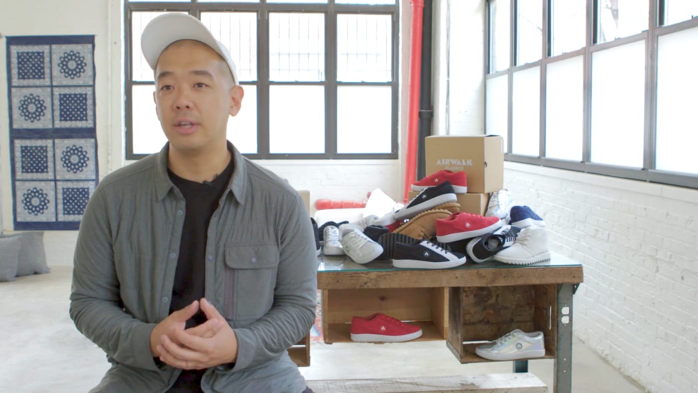 Jeff Staple in New York in front of a table of 2016 Airwalk Classics.