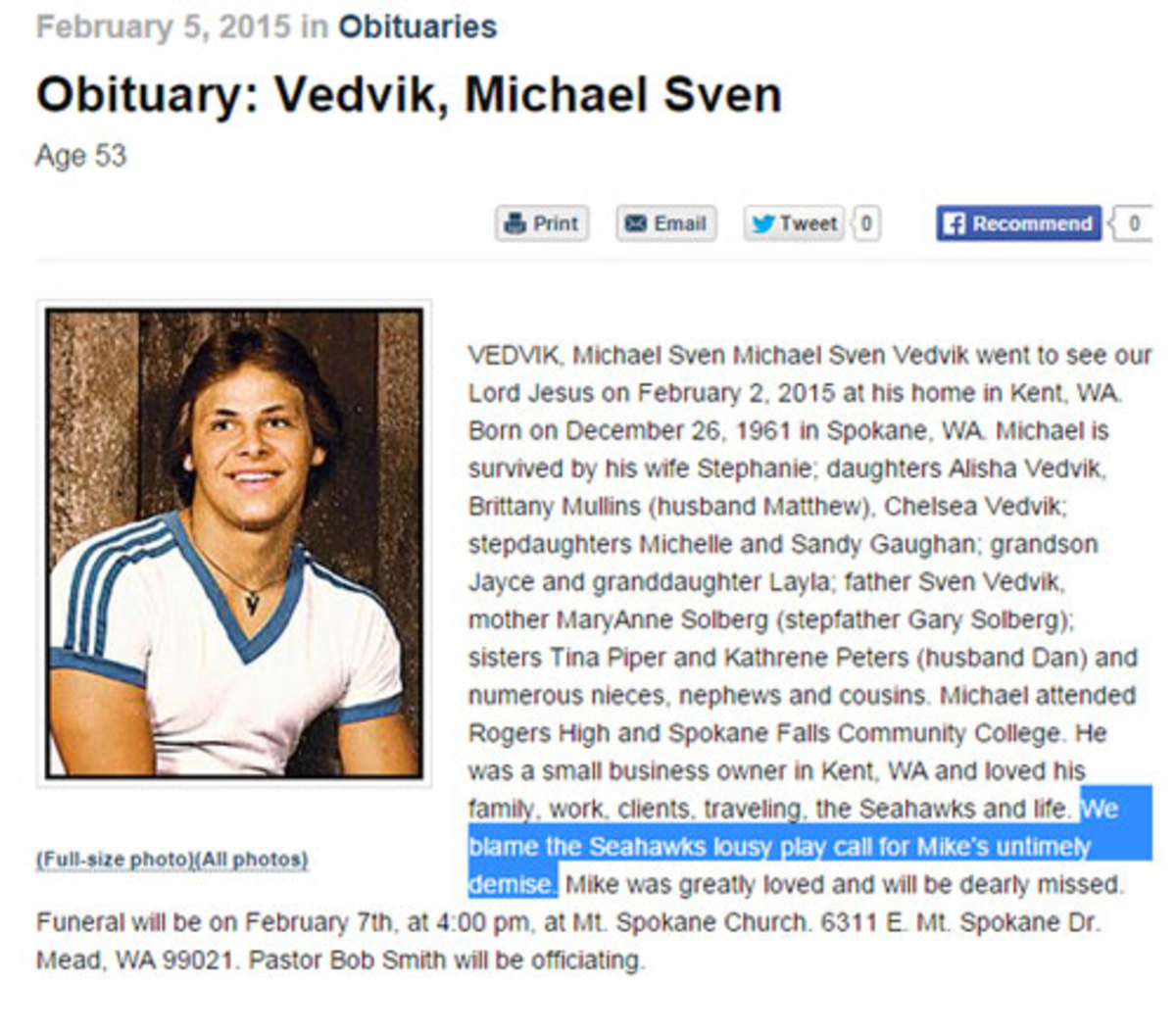 Obituary of Seahawks Fan Cites Lousy Play Call As Cause of Death