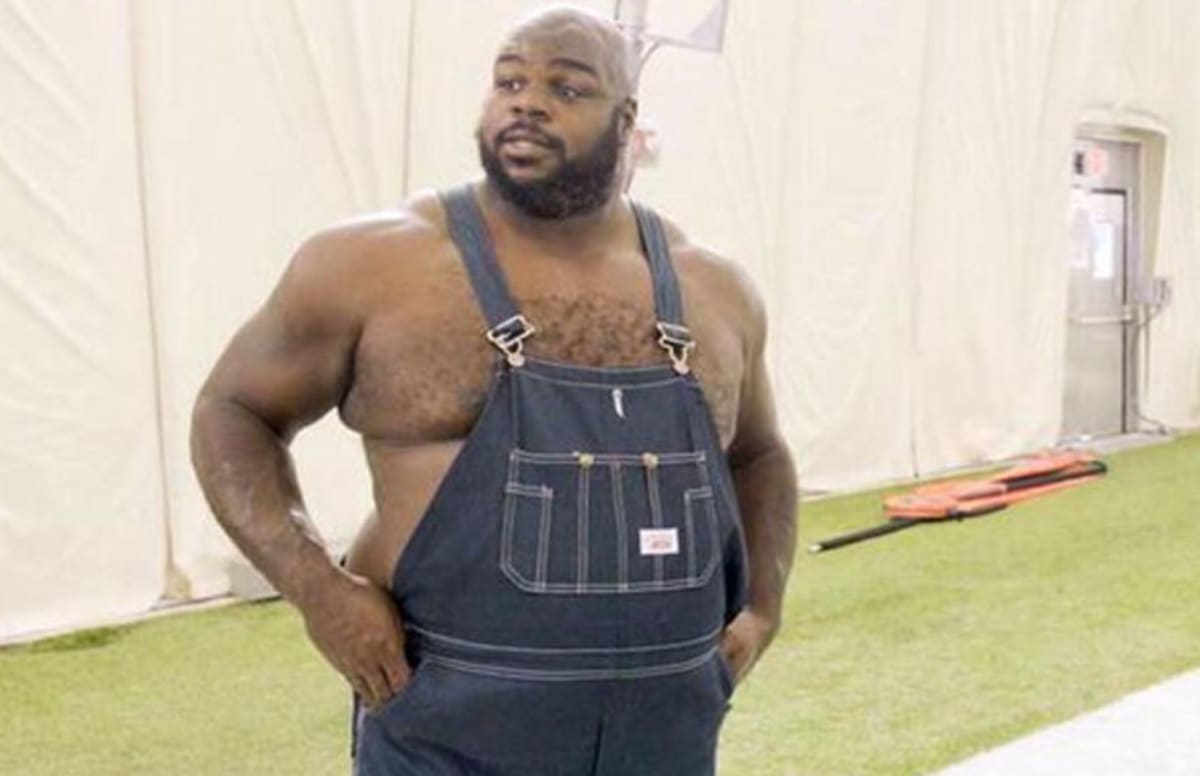 Vince Wilfork Sports Overalls, Cowboy Boots, Nothing Else